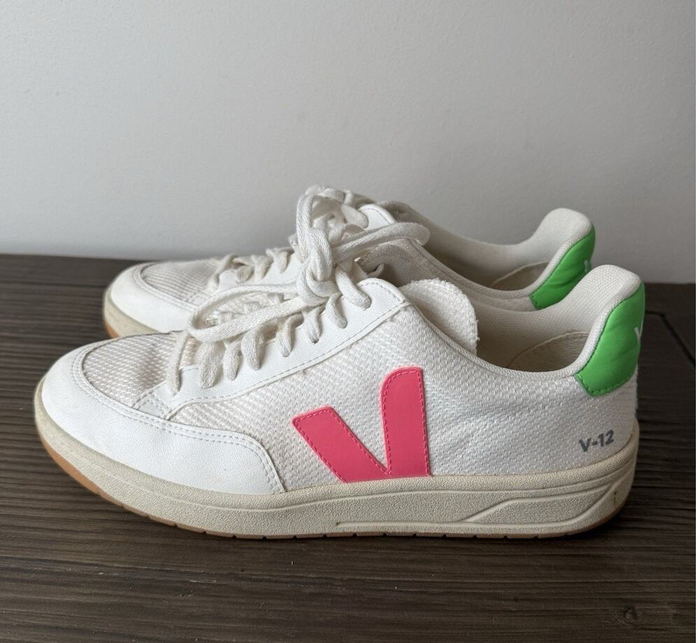 VEJA V-12 B-Mesh Sneaker Shoe Sz 41 Men’s 8 Women’s 10 White Green Pink
